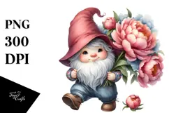 Cute Baby Gnome with Peonies PNG Product Image 1