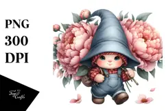 Cute Baby Gnome with Peonies PNG Product Image 1