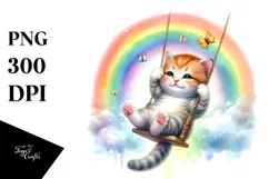 Colorful Watercolor Baby Cat Swinging from Rainbow Clipart Product Image 1