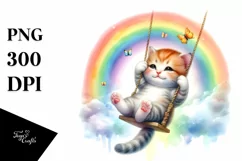 Colorful Watercolor Baby Cat Swinging from Rainbow Clipart Product Image 1