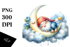 Whimsical Baby Gnome Sleeping on Moon PNG Product Image 1