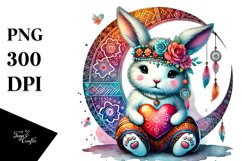 Colorful Boho Rabbit on Moon with Heart PNG Product Image 1