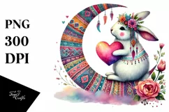 Colorful Boho Rabbit on Moon with Heart PNG Product Image 1
