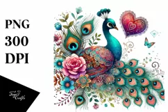 Colorful Boho Peacock on Flower with Heart PNG Product Image 1