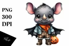 Watercolor Baby Rhino Big Eyes Dressed for Halloween Clipart Product Image 3