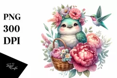Cute Baby Hummingbird with Peonies | Clipart Product Image 1