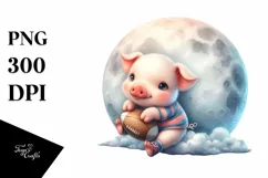 Cute Baby Pig Playing Rugby on Moon | Clipart Product Image 1