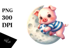 Cute Baby Pig Playing Rugby on Moon | Clipart Product Image 1