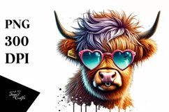 Highland Calf with Heart Shaped Sunglasses PNG Product Image 1