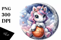 Watercolor Unicorn Basketball Moon Clipart Product Image 1