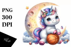 Watercolor Unicorn Basketball Moon Clipart Product Image 1
