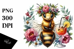 Watercolor Bee Adorned with Flowers Enjoying a Cocktail | Product Image 1