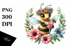 Watercolor Bee Adorned with Flowers Enjoying a Cocktail | Product Image 3
