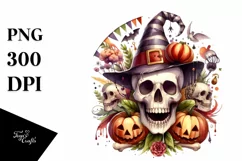 Funny Halloween Skull Watercolor PNG Product Image 1