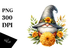 Cute Gnome with Marigold Floral Frame, PNG Product Image 1