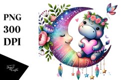 Colorful Boho Hippo on Moon with Heart PNG Product Image 1
