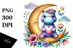 Colorful Boho Hippo on Moon with Heart PNG Product Image 1