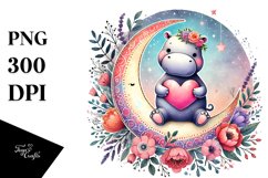 Colorful Boho Hippo on Moon with Heart PNG Product Image 1