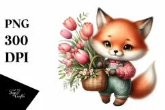 Cute Baby Fox Holding Flower Basket | Sublimation Clipart Product Image 1