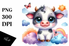 Vibrant Colorful Smiling Baby Cow with Clouds | Clipart Product Image 3