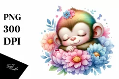 Colorful Baby Monkey Sleeping in a Flower | Clipart Product Image 1