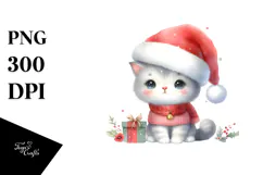 Watercolor Cat with Santa Hat, PNG Product Image 1