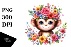 Colorful Flower Crown Monkey | Cartoon-Style Clipart Product Image 1