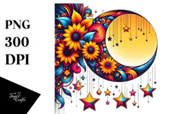 Retro Half Moon with Vibrant Stars and Sunflowers PNG Product Image 1