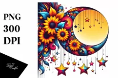 Retro Half Moon with Vibrant Stars and Sunflowers PNG Product Image 1