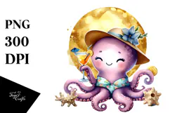Cute Octopus in Beachwear Drinking a Cocktail, PNG Product Image 1