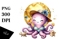 Octopus in Beachwear Drinking Cocktail, Watercolor PNG Product Image 1