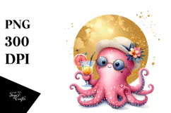 Cute Octopus in Beachwear Drinking a Cocktail, PNG Product Image 1