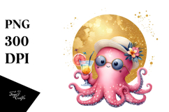 Octopus in Beachwear Drinking Cocktail, Watercolor PNG Product Image 1