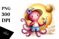 Cute Octopus in Beachwear Drinking a Cocktail, PNG Product Image 1
