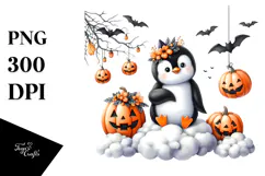 Spooky Penguin Halloween PNG with Jacko Lanterns Product Image 1