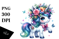 Baby Unicorn Playing with Floral Wreath PNG Product Image 1
