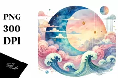 Colorful Pastel Watercolor Washed Moon PNG Product Image 1