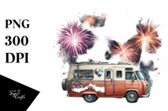 Watercolor Vintage RV with Fireworks | Clipart Product Image 1