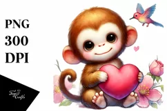 Colorful Baby Monkey Holding Heart PNG Product Image 1
