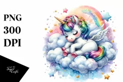Napping Baby Unicorn on Cloud, Watercolor PNG Product Image 1
