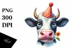 Cow Watercolor Cow Portrait with a Flower Product Image 1