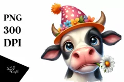Cow Watercolor Cow Portrait with a Flower Product Image 3