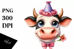 Cow Watercolor Cow Portrait with a Flower Product Image 1