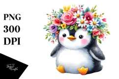 Cartoon-Style Penguin | Colorful Flower Crown Clipart Product Image 1