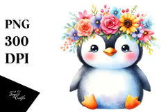 Cartoon-Style Penguin | Colorful Flower Crown Clipart Product Image 1