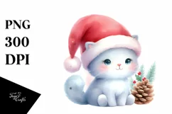 Watercolor Cat with Santa Hat, PNG Product Image 1