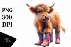 Baby Highland Cow in Line Dancer's Boots, Watercolor PNG Product Image 1