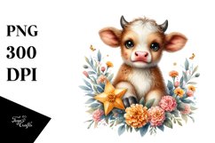 Cute Baby Highland Cow with Marigold PNG Product Image 1