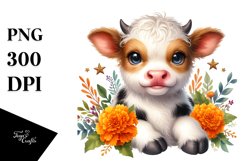 Cute Baby Highland Cow with Marigold PNG Product Image 1