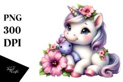 Cute Baby Unicorn with Petunia | Watercolor Product Image 1